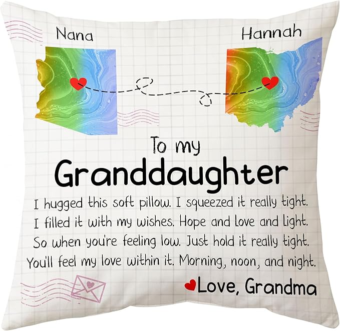 Hyturtle Personalized to My Granddaughter Pillow (Insert Included) Gifts from Grandma - Birthday for Granddaughter - State to State Custom Name Sofa Couch Home Decor Throw Pillow