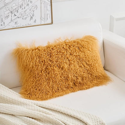 Genuine Mongolian Lamb Fur Pillow Cover – 12"x20" Rectangular Cushion Case – Soft Curly Wool Decorative Accent for Sofa, Bed, or Chair (Mustard Yellow)