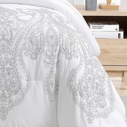 Sunshine Nicole Reversible Comforter Set, Brushed Microfiber Fabric with Embroidery for Front and Printed Microfiber Fabric for Reverse, 3 Pieces Grey White Queen
