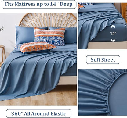 WONGS BEDDING Boho Comforter Set Queen, Blue and Orange Bedding Set 7 Pieces Bed in a Bag Bohemian Striped Bedding Comforter Sets Soft Microfiber Comfortet and Sheet Set for All Season
