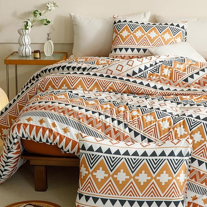 CLOTHKNOW Brown Aztec King Size Comforter Set 3Pcs Boho Bedding Comforter Sets Navajo Comforter Brown Waves Striped Triangle Comforter