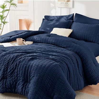 HYMOKEGE Navy Blue Twin XL Comforter Set Seersucker 5 Pieces, All Season Luxury Bed in a Bag for Bedroom, Bedding Set with Comforter, Sheets, Pillowcase & Sham