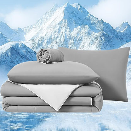 Cooling Comforter Set with Sheets&Pillowcases,Cooling Blanket for Hot Sleeper Cold ice Double Side Grey Bed Set Queen Size 4pcs(Comforter+Fitted Sheets+2Pillowcases)