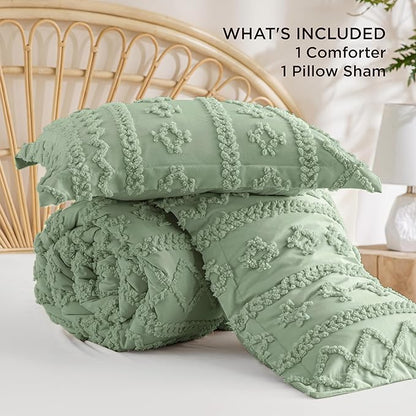 Bedsure Tufted Boho Comforter Set Twin Size - Sage Green Boho Bed Set, GentleSoft™ 2 Pieces Farmhouse Shabby Chic Embroidery Bedding, Gifts for Woman, Soft Jacquard Twin Comforter for All Seasons