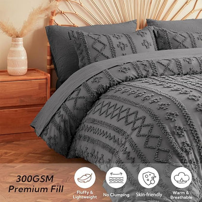 MR&HM Full Size Bed Sheets and Comforter Set Dark Grey, 7 Pieces Tufted Boho Beddding Sets, Farmhouse Style Bed in a Bag with 1 Comforter, 2 Pillow Shams, 2 Pillowcases, 1 Flat Sheet, 1 Fitted Sheet