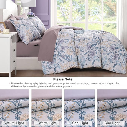 CASAAGUSTO Queen Comforter Set, 7 PCS Purple Iris Floral Comforter Set with Flowers Leaves Pattern, Soft Seersucker Design All Season Queen Size Bedding Set(90"X90")