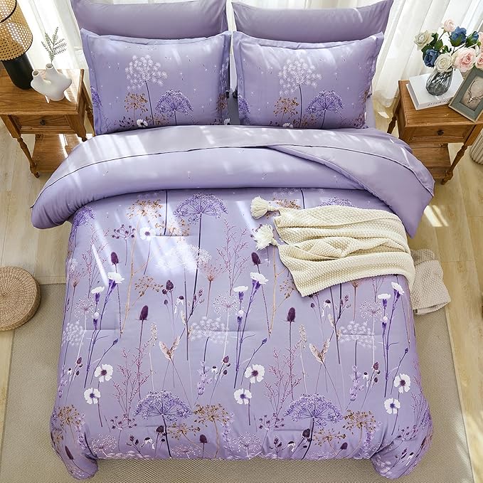 Yiran 7 Piece Comforter Set King Size, Purple Dandelion Floral Bedding Set, Botanical Bed in a Bag King, Soft Microfiber Complete Bedding Set with Comforter, Sheets, Pillowcases & Shams