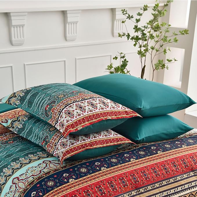 Cottolester Boho Full Size Comforter Set 8 Pieces,Green and Brown Bohemian Striped Bed in a Bag,Floral Soft Microfiber Bedding Comforter Set