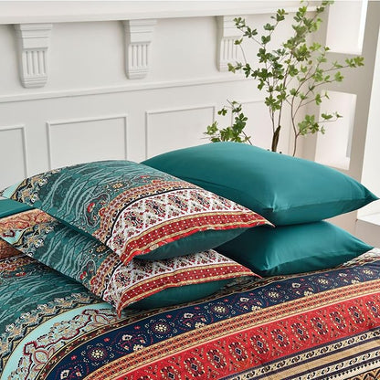 Cottolester Boho Full Size Comforter Set 8 Pieces,Green and Brown Bohemian Striped Bed in a Bag,Floral Soft Microfiber Bedding Comforter Set