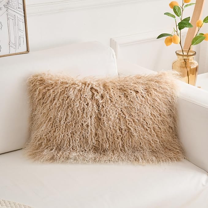 Genuine Mongolian Lamb Fur Pillow Cover – 12"x20" Rectangular Cushion Case – Soft Curly Wool Decorative Accent for Sofa, Bed, or Chair (Frosted Beige)