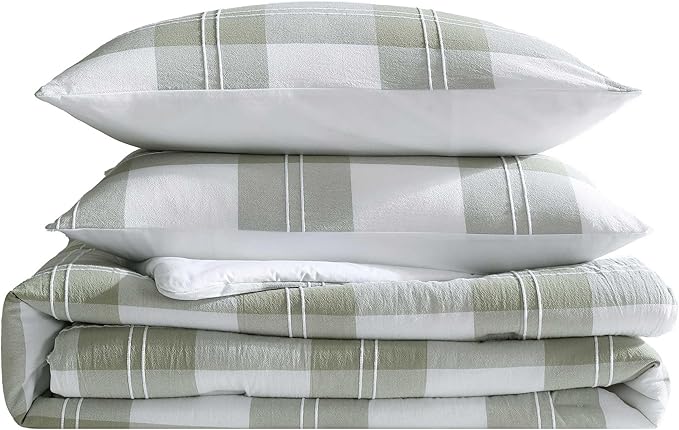 Eddie Bauer - Full/Queen Comforter Set, Premium Cotton Embroidered Bedding with Matching Sham(s), Plaid Bedding Set (Mountain Embroidery Plaid Green, Full/Queen)