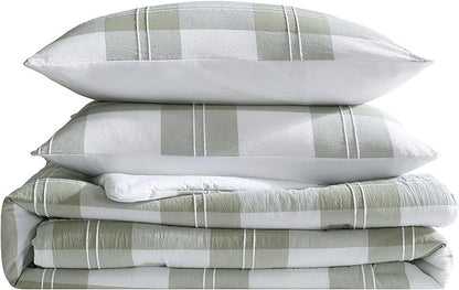 Eddie Bauer - Full/Queen Comforter Set, Premium Cotton Embroidered Bedding with Matching Sham(s), Plaid Bedding Set (Mountain Embroidery Plaid Green, Full/Queen)