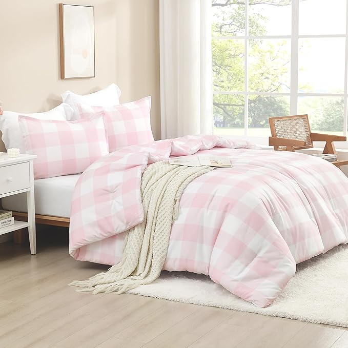 Andency Pink Checkered Comforter Twin(66x90Inch), Plaid Gingham Buffalo Plaid Grid Bedding Sets for Girls Kids Women Kids Teens, 2 Pieces Lightweight Microfiber Geometric Preppy Bed Set