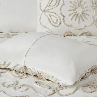 Madison Park Violette Chenille Cotton Tufted Comforter Large Medallion Design, All Season, Hypoallergenic, Soft Bedding Set, Matching Sham, Full/Queen, Ivory/Taupe 3 Piece