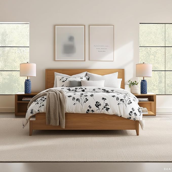 20.5" Set of 2 Bedside Table Lamps Modern Blue Honeycomb Ceramic - Linen Shade, E26 Knob Switch for Living Room, Bedroom & Nightstand