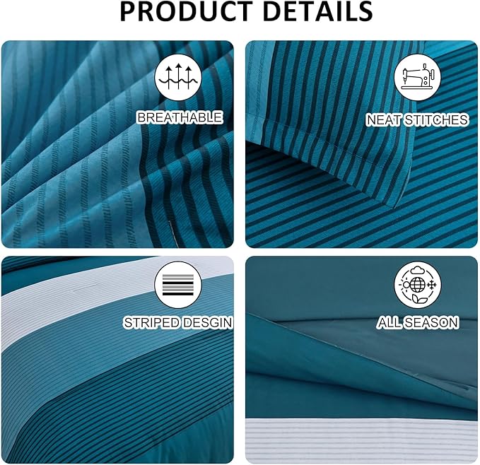 Teal Blue Queen Comforter Set, Blue Striped Bed in a Bag Soft Bedding Set All Season Patchwork Bed Set Microfiber 7 Piece Filling Comforter, Flat/Fitted Sheets and Pillowcase 90"x90"