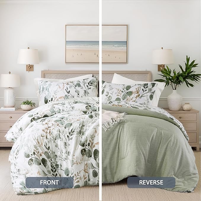 Lightweight Seersucker Botanical Comforter Set Twin Size, 2 Pieces Reversible Design with Striped Print, Premium Microfiber Bedding Set, Comforter and Sham Set, Green
