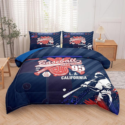NINENINE Kids Baseball Comforter Set Queen Size, 3 Pieces Blue Boys Baseball Bedding Sets Queen, Sports Comforter Sets for Boys Girls Kids with 2 Pillowcases