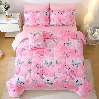 JQinHome 8 Pc Butterfly Comforter Set Queen, 3D Pink Flower Printed Bedding Set for Girls Women, All Season Microfiber Butterfly Theme Home Decor Bedding with Sheet Sets