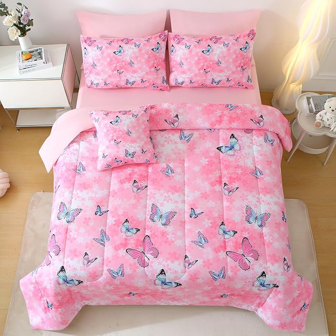 JQinHome 6 Piece Butterfly Comforter Set Twin, 3D Pink Flower Printed Bedding Set, All Season Microfiber Butterfly Theme Home Decor Bedding for Girls with Sheet Sets (Pink)