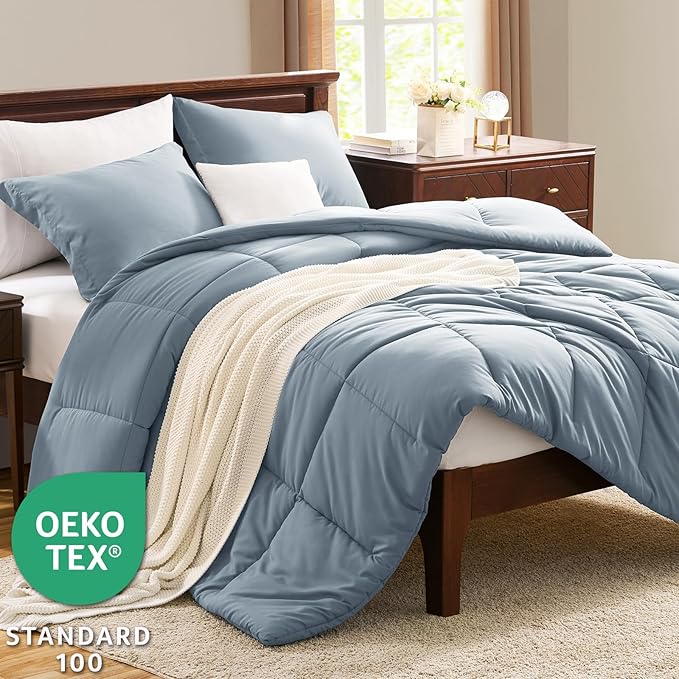 CozyLux King Comforter Set - Grayish Blue Comforter King Size, 3 Pieces Box Stitched Bed Set for All Seasons, Soft Lightweight Bedding Sets with 1 Down Alternative Comforter and 2 Pillow Shams