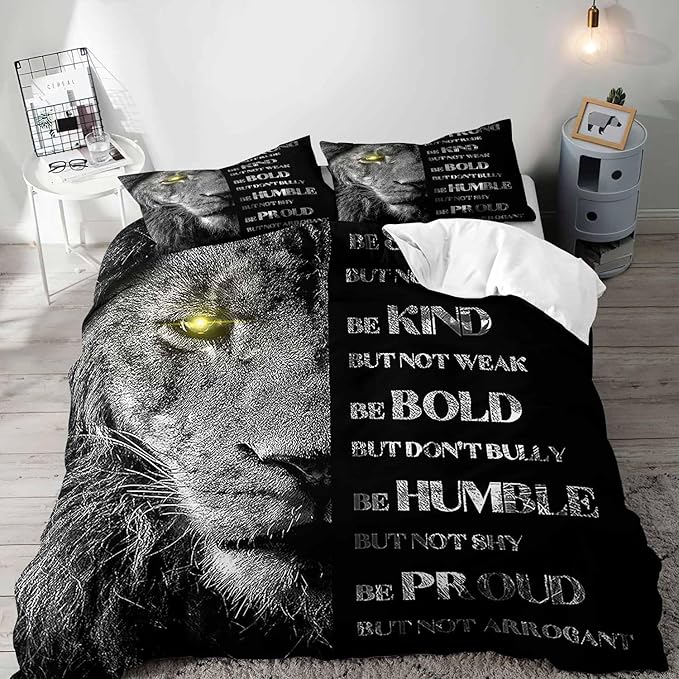 VIVIHOME 3PCS Inspirational Lion Bedding Set, King Duvet Cover, African Safari Wild Animal Black Bedding, Quilt Comforter Cover, College Apartment Decor, Modern Bedroom Decor for Men, 2 Pillowcases