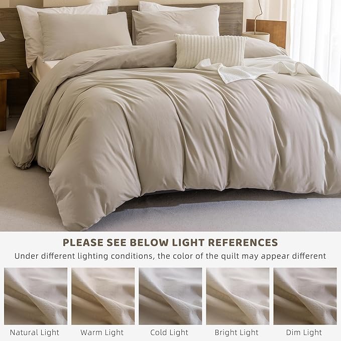 Sanracie King Comforter Set, Cotton Linen Feel Textured Comforter Set, Simple Neutral King Bedding Set 3pcs(1 Aesthetic Solid Comforter + 2 Pillowcases) Soft Lightweight