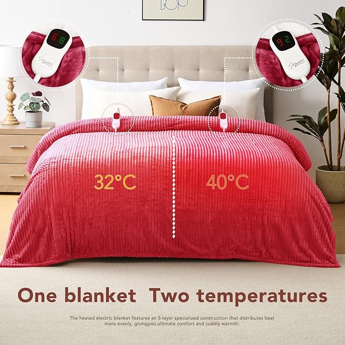 Homemate Electric Heated Blanket Queen Size - 84"x90" Heating Blanket Queen Size Dual Control 1/2/4/6/8 Hours Auto-Off 10 Heat Level Over-Heat Protection Soft Flannel Sherpa ETL Certification