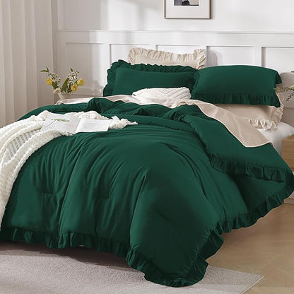 Andency King Dark Green - 3 Pieces Lightweight Ruffle Bedding Farmhouse Ruffle Bed Comforter Set, Lightweight and Soft Bedding Comforter for All Seasons