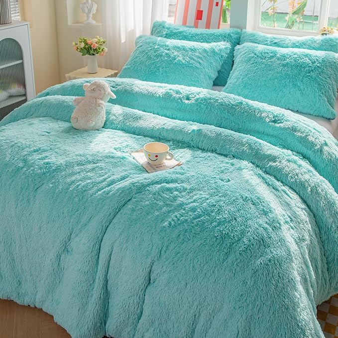 chovy Faux Fur Plush Sky Blue Comforter Sets King - Ultra Soft Shaggy Flannel Velvet Fluffy Fuzzy 3PC Bedding Set (Comforter x 1 Pillowcases x 2)
