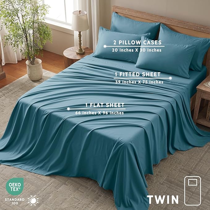 Twin Sheets Set - 4 Piece Soft Microfiber and Wrinkle Free Sheets - Easy Care, Extra Soft, Cooling Sheets - 1 Deep Pocket Fitted Sheet 1 Flat Sheet and 2 Pillowcases (Twin Denim Blue)