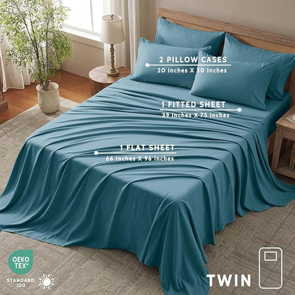 Twin Sheets Set - 4 Piece Soft Microfiber and Wrinkle Free Sheets - Easy Care, Extra Soft, Cooling Sheets - 1 Deep Pocket Fitted Sheet 1 Flat Sheet and 2 Pillowcases (Twin Denim Blue)