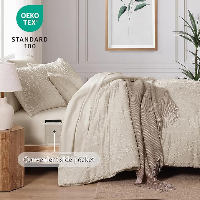 Full Size Comforter Set Beige, Tufted Boho Bedding Farmhouse Bed Set, All Season 7 Pieces Bed in a Bag with Sheets, Pillowcases & Shams