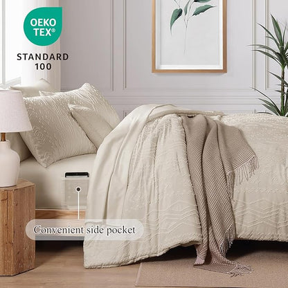 Full Size Comforter Set Beige, Tufted Boho Bedding Farmhouse Bed Set, All Season 7 Pieces Bed in a Bag with Sheets, Pillowcases & Shams