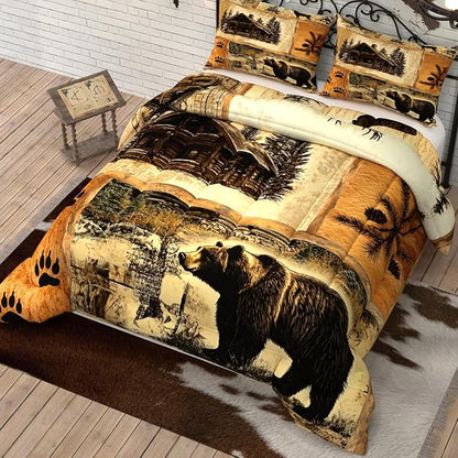 Rustic Bear Comforter Sets for Kids Adults,3D Pattern Cabin Theme,Decorative Bedding Comforter Sets with 2 Pillow Shams, Twin Size