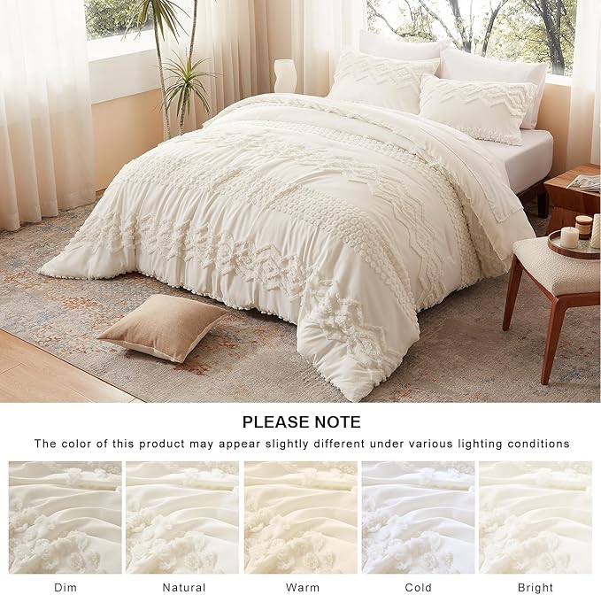 Luxudecor Boho Tufted Comforter Set Queen Size 3 Pieces Ivory White Shabby Chic Comforter Farmhouse Embroidery Bedding Set Soft Comforter for All Seasons (Ivory White, 90''x90'')