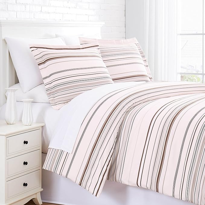 Southshore Fine Living, Inc. 3-Piece Comforters Oversized King/California Size, Down Alternative Striped Comforter with Matching Pillow Shams, Bedspread for Cal/King Bed, Coastal Stripes Taupe