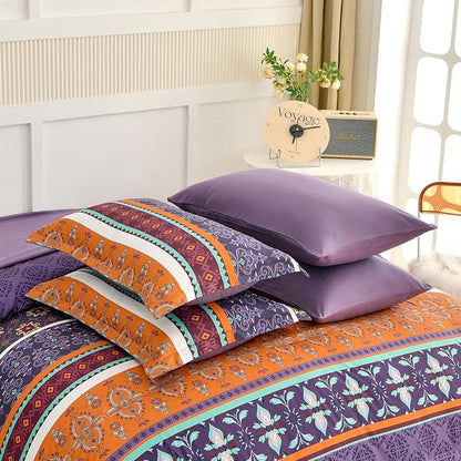 WONGS BEDDING Boho Comforter Set King Size,7 Pieces Bohemian Striped Bedding Comforter Set Bed in a Bag,Purple Paisley Floral Comfortet and Sheet Set,Soft Microfiber Bedding Sets for All Season