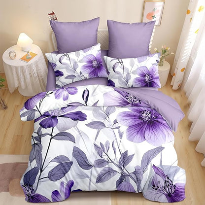 Nayoroom Purple Floral Comforter Set King Size Lavender Blooming Flower Leaf Printed Spring Comforter 3 Pcs Soft Lightweight Cottagecore Bedding Set for All Seasons (1 Comforter, 2 Pillowcases)