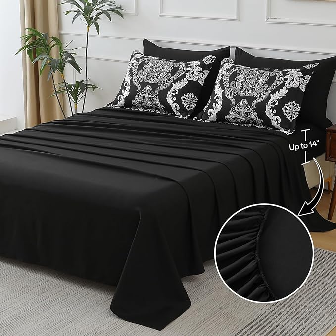 WONGS BEDDING 7 Pieces Comforter Set Queen Size, Black White Texture Bedding Set for All Season, Damask Soft and Breathable Bed in a Bag with Comforter, Flat Sheet, Fitted Sheet, Pillowcases & Shams