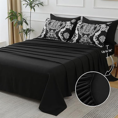 WONGS BEDDING 7 Pieces Comforter Set King Size, Black White Texture Bedding Set for All Season, Damask Soft and Breathable Bed in a Bag with Comforter, Flat Sheet, Fitted Sheet, Pillowcases & Shams