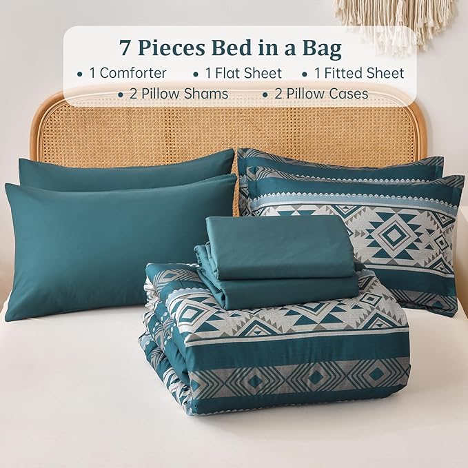 Anibedding Teal Comforter Set Queen 7 Pieces Boho Western Bedding Set for All Season, Aztec Bed in a Bag Queen Soft Microfiber Comforter Set with Sheets, Pillowcases & Shams