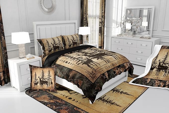 Erosebridal Camo Deer Queen Comforter Set for Kids Boys Teen,Tree Branches Camouflage Hunting Bedding Set Woodland Animal Quilt Comforter Retro Pine Tree Wildlife Quilt Set 3 Pcs Bedroom Decor