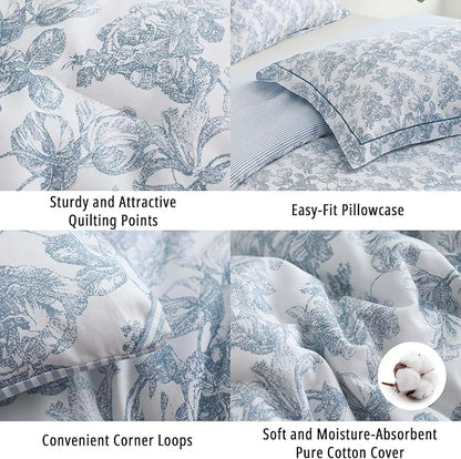 Vintage Cotton Comforter Twin Size 2Pcs - Elegant Pale Slate Blue Floral Pattern on White with Light Blue & White Striped Reverse, Luxurious Lightweight Bedding Sets with Soft Fill(68"×90")