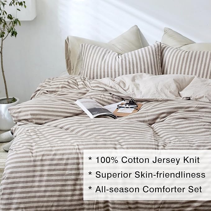 Full Size Bedding Comforter Set for Women,Men Breathable Cotton Comforter for Bed 3 Pieces Comforter Set with Coffee Striped Pattern, 2 Pillow Cases, 80''x90''