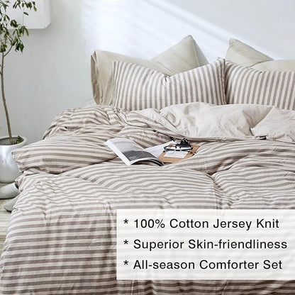 Full Size Bedding Comforter Set for Women,Men Breathable Cotton Comforter for Bed 3 Pieces Comforter Set with Coffee Striped Pattern, 2 Pillow Cases, 80''x90''