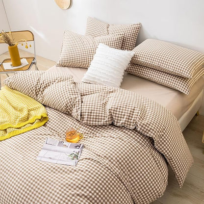 mixinni Tan Gingham Comforter Set California King, Plaid Comforter Set 3 Pieces 1 Beige Grid Comfoter with 2 Pillow Cases for All Seasons, Soft Fluffy Modern Grid Pattern Printed Bedding