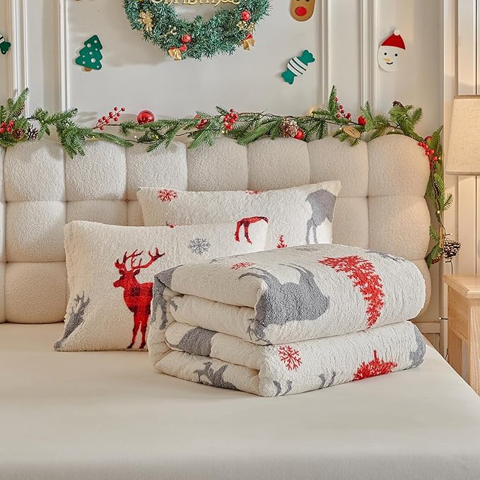 Christmas Sherpa Comforter Set Queen Size 3 Pieces Holiday Winter Bedding Microfiber Warm Fleece Comforter with 2 Pillow Shams - Thanksgiving New Year Gift Choice with Red Snowflake Gray Xmas Deer