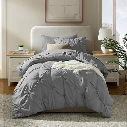 Nestl Twin Comforter Set 5 Piece - Pintuck Twin Bedding Sets Grey, College Dorm Room Essentials for Girls and Boys Bed in a Bag Twin All Season, Twin Comforter Set with Sheets, Pillowcase and Sham
