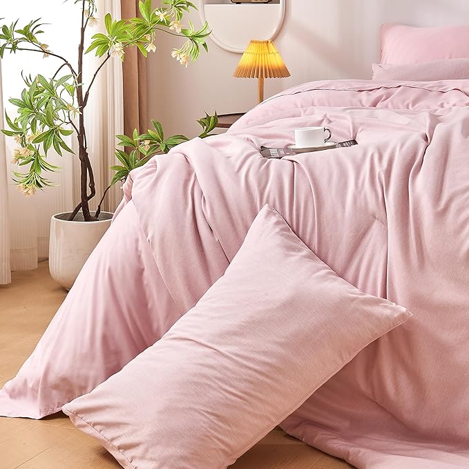 DECMAY Full Comforter Set with Sheets, 7 Pieces Pink Full Bedding Set, Cationic Dyeing Bed in a Bag with Comforter, Flat Sheet, Fitted Sheet, Pillowcase and Pillow Sham (Full, Pink) | full comforter set, full bedding set, full bed set